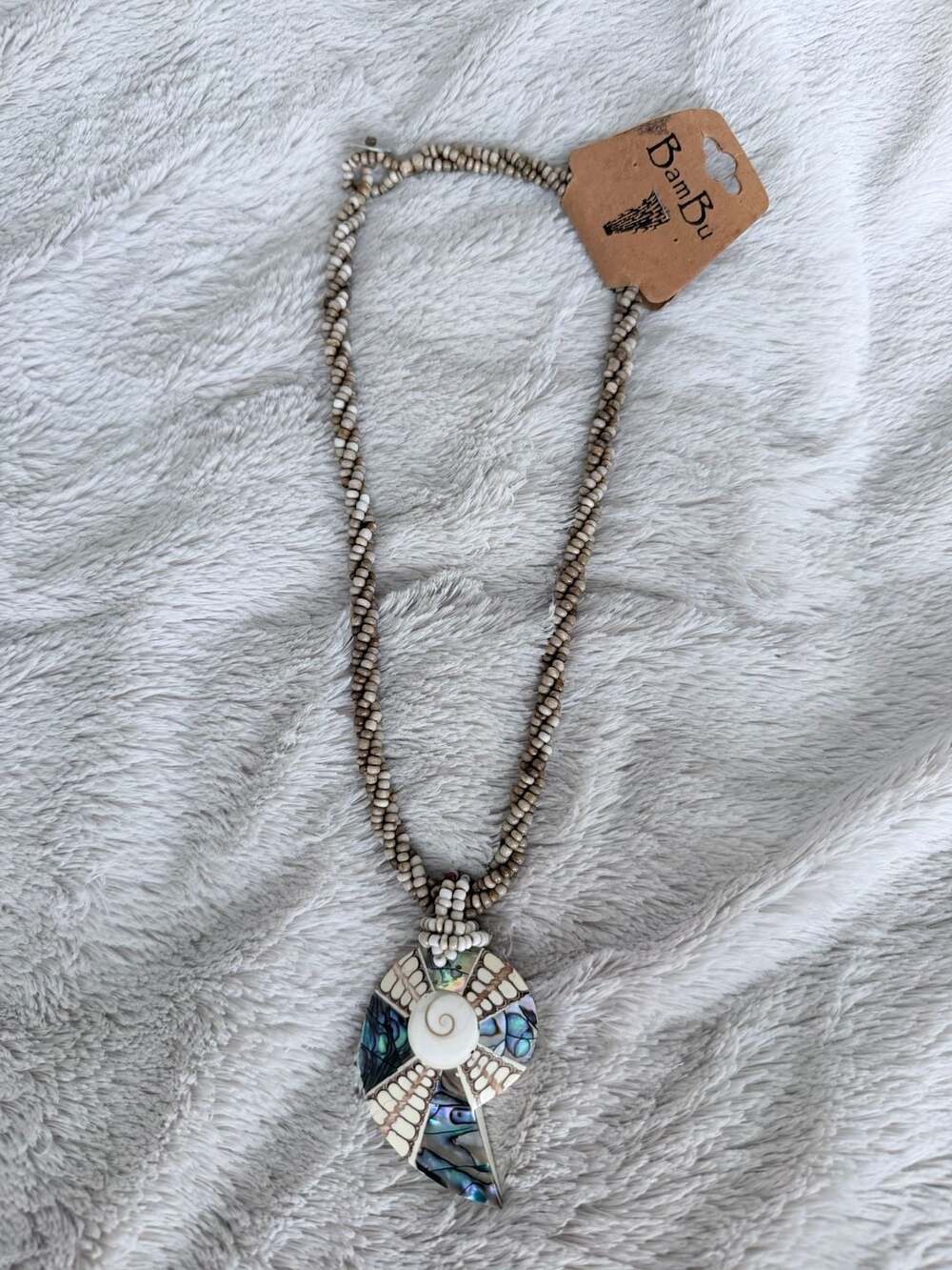 BamBu Beaded Necklace with Abalone Shell and Spiral Pendant